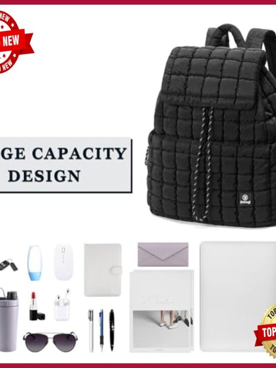 Quilted Puff Backpack Set with Wristlet Bag for Travel Work Gym main image 5
